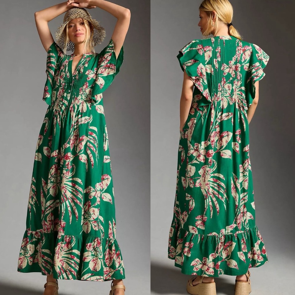 Anthropologie Cassandra Green Floral Maxi Dress